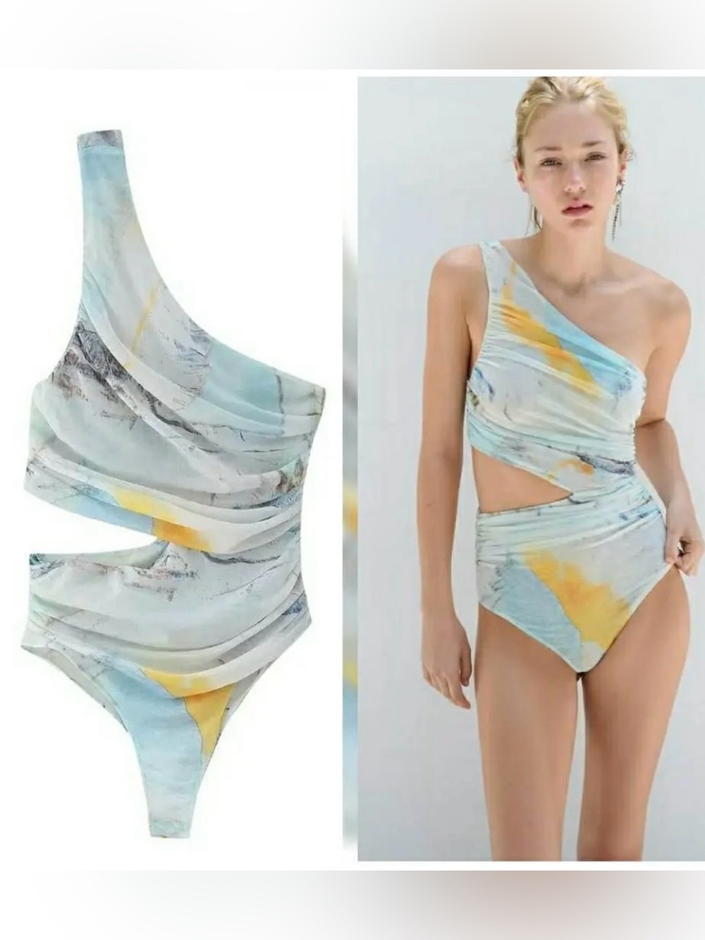 Zara one shoulder cut-out printed tulle bodysuit watercolor pastel print. Rave.